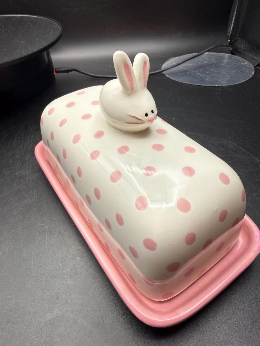Pink n White Polka Dot Butter Dish Bunny Handle